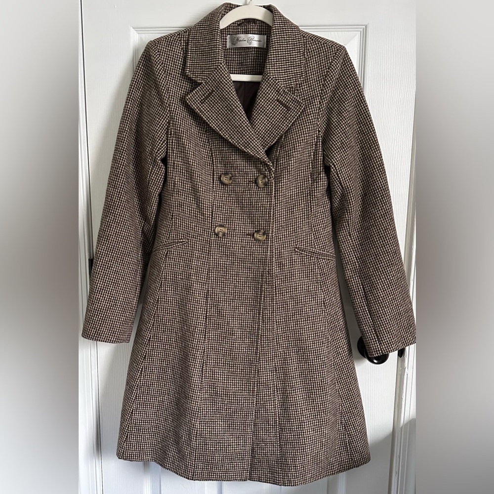 Dark Academia Brown Houndstooth Double-Breasted Women's Coat Size Small